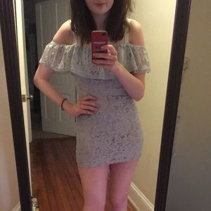 Dusty Blue Cold Shoulder Lace Ruffle Bodycon Dress